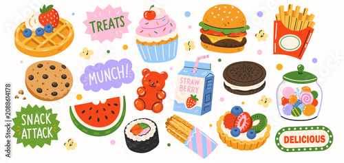 Cute food sticker collection with fast food, desserts, fruits, candy, sushi, waffle, burger, cupcake and sweet treats. Retro minimalist doodle vector set.