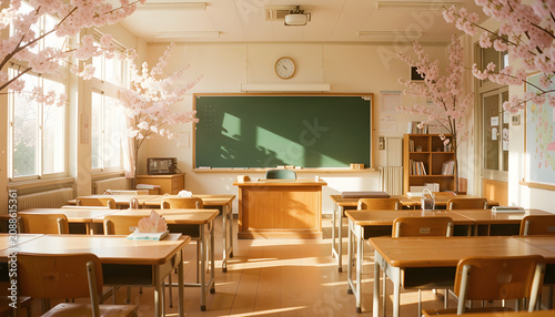 Peaceful and warm classroom interior with rows of wooden desks and chairs bathed in natural sunlight streaming through large windows creating a serene and inviting study, created with generative ai