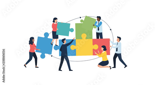 Diverse team building puzzle, collaboration, teamwork, strategy, success, connection