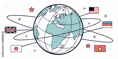 Globe represents global connectivity with international flags orbiting the planet in a network.
