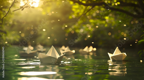 Serene paper boats floating on sunlit forest stream in tranquil nature setting