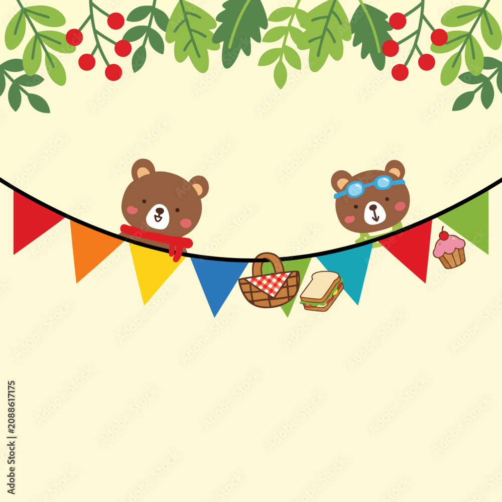 Fototapeta premium Two cute bear characters are depicted lively under colorful banner decorations, symbolizing joy and celebration, perfect for children's themes or festive events.