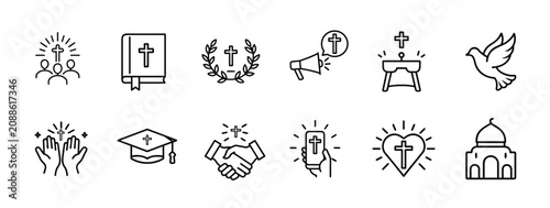Obraz na płótnie Christian church and religion line icons set with holy bible, flying peace dove, church altar table, megaphone preaching & more vector illustration with editable stroke