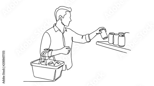 Man buying canned food in supermarket. Continuous one line drawing illustration. Minimalist grocery shopping vector graphic isolated on white background