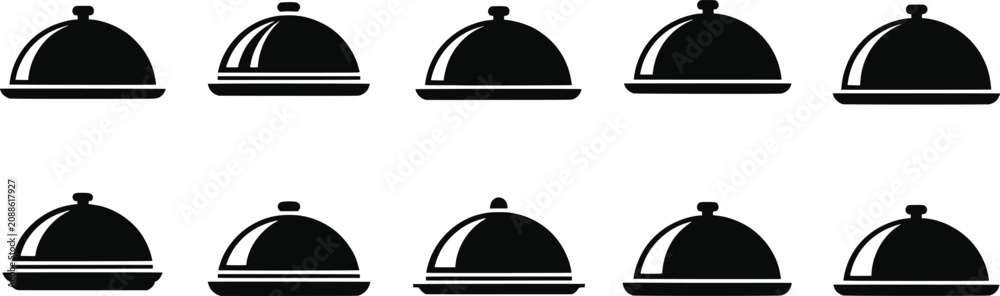 Fototapeta premium Black food cloche silhouettes, restaurant serving dome vector illustration set, catering design collection, hospitality icons, dining service artwork