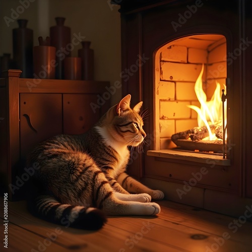 A cozy scene with a cat basking in the warm glow of a crackling fire.