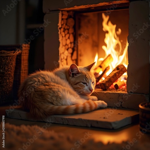 A cozy scene with a cat basking in the warm glow of a crackling fire.