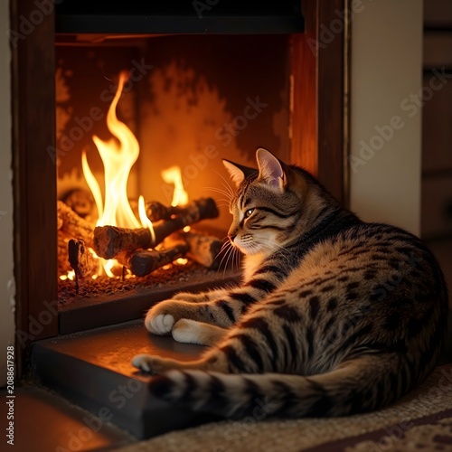 A cozy scene with a cat basking in the warm glow of a crackling fire.