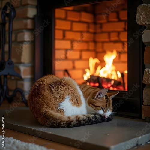 A cozy scene with a cat basking in the warm glow of a crackling fire.