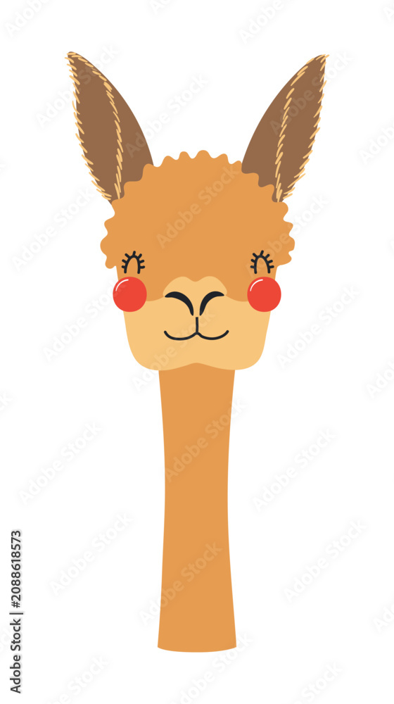 Fototapeta premium Cute little vicuna face illustration isolated. Kawaii cartoon character. Wild animal, baby animal, wildlife, nature, fauna. Kids print, design element, clip art. Hand drawn flat vector