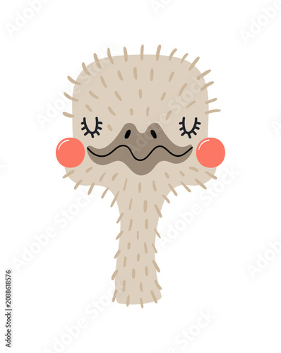 Cute little ostrich face illustration isolated. Kawaii cartoon character. Wil...