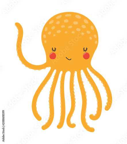 Cute little octopus illustration isolated. Kawaii cartoon character. Wild ani...