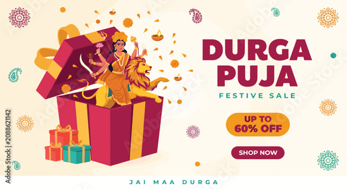 Photos Vibrant durga puja festive sale advertisement with goddess durga emerging from a