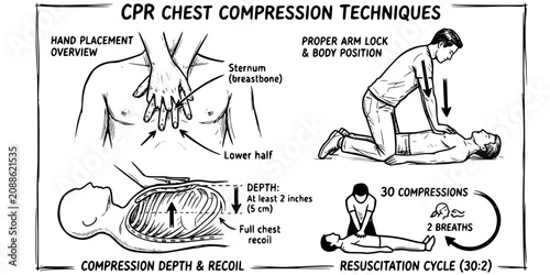 Konstfotografi CPR Chest Compression Sketch Black White-Hand Position Arm Lock Depth-Resuscitat