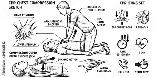 CPR Chest Compression Sketch Black White-Hand Position Arm Lock Depth-Resuscitation Vector-CPR Icon Sketch-CPR Design Set