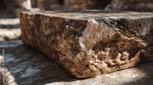 Weathered limestone block detail with ancient patina and natural erosion. Dramatic shadows highlight stone grooves and texture depth. Professional architectural photography with versatile negative sp