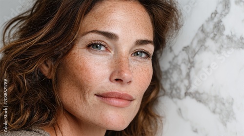 marble slab texture portrait of middle-aged woman with freckles and wavy brown hair beside polished white stone with elegant gray veining