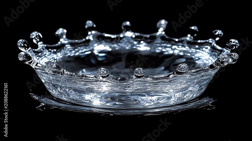 Droplet crown water splash formation with symmetrical spikes radiating outward frozen in time crystal clear transparent details professional studio lighting