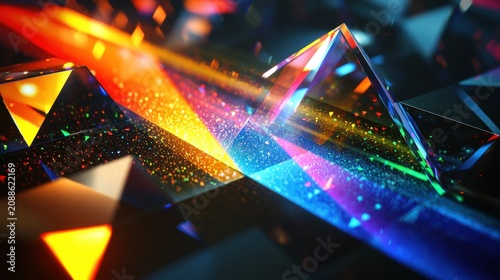 Electromagnetic field mapping through prismatic light refraction in crystalline geometric structures creating rainbow spectrum dispersals across angular faceted surfaces