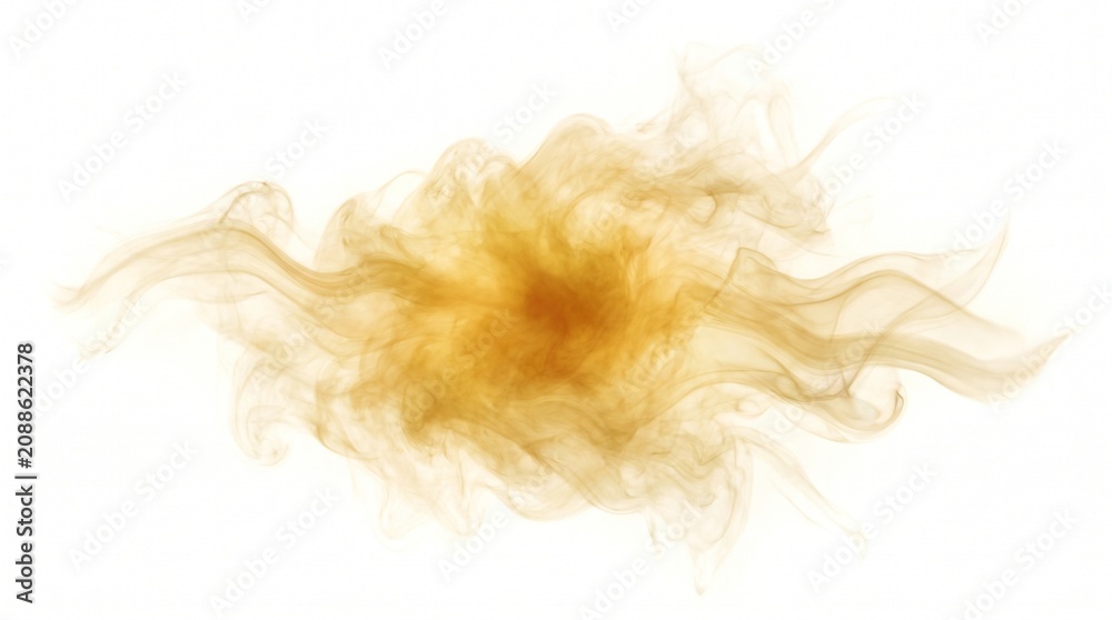 Fototapeta premium Golden smoke swirls gracefully against a crisp white background creating a soft and elegant ethereal effect