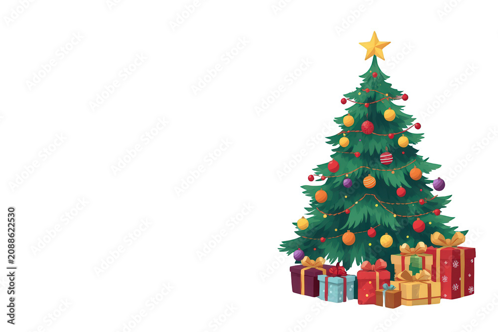 Obraz premium Christmas tree decorated with star and ornaments, surrounded by colorful presents, celebrating holiday tradition