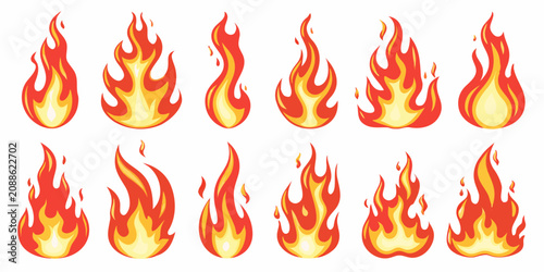 Fotografie Cartoon fire flame set vector illustration with orange and yellow tones