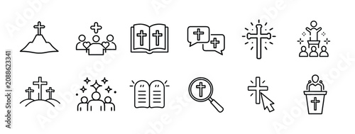 Konstfotografi Christian church and religion line icons set with holy bible, flying peace dove, church altar table, megaphone preaching & more vector illustration with editable stroke