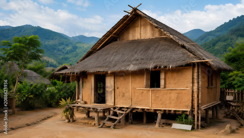 Traditional mud and bamboo stilt house with a thatched roof in a remote rural mountain village