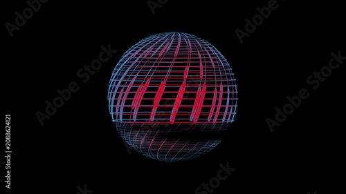 Abstract glowing wireframe sphere with red and blue lines forming a futuristic digital globe shape isolated on a dark background for modern technology and science data visualization design concepts