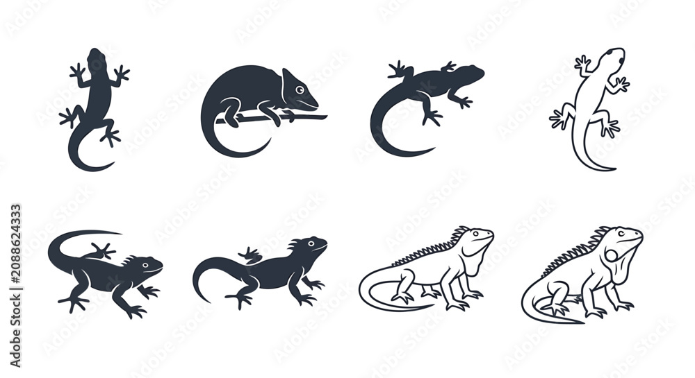 Fototapeta premium Eight lizard silhouettes in various poses on a white background