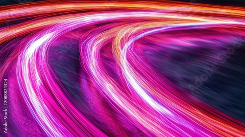 Curved fiber trails vibrant magenta pink light streams flowing through dark abstract background digital technology illumination