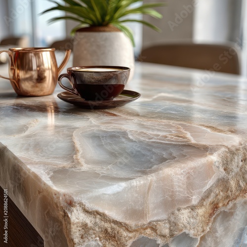 elegant onyx surface with polished white and beige veining, natural live edge stone table with coffee cup and copper pitcher, soft natural lighting, luxurious interior design material