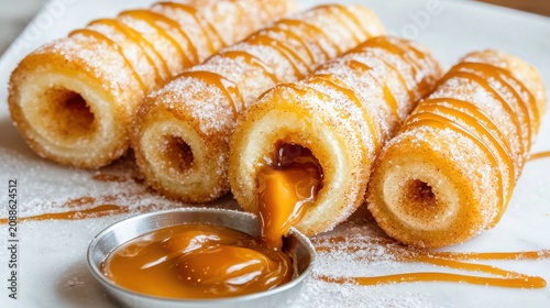 Caramel churros with golden filling oozing from cross-section cut premium restaurant Mexican dessert pastry white marble surface powdered sugar drizzled sauce bowl gourmet