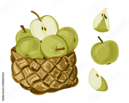 Green apples in a woven basket with sliced pieces displayed beside it, showcasing their fresh appearance and vibrant color against a white background