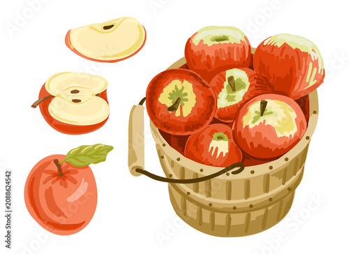 Basket filled with red apples and orange fruit, alongside sliced apple pieces, showcasing a colorful and vibrant fruit arrangement in a simple design
