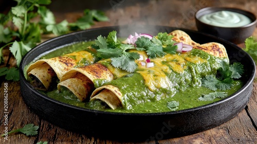 Enchiladas suizas with vibrant green tomatillo sauce and melted cheese on black cast iron skillet, garnished with fresh cilantro and red onions at upscale restaurant