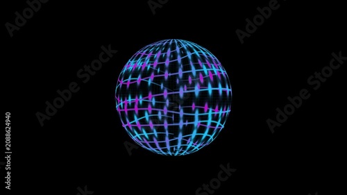 Abstract glowing digital sphere with neon blue and purple light grid lines on a dark background representing futuristic technology connectivity and data communication network in a virtual space