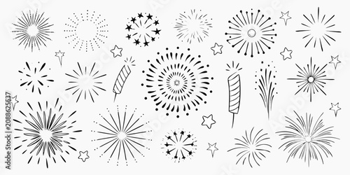 Foto Fireworks and stars sketch illustration black lines on white background
