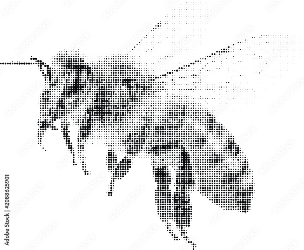 Obraz premium Close up view of a bee created with grey and black halftone dots, on a transparent background.