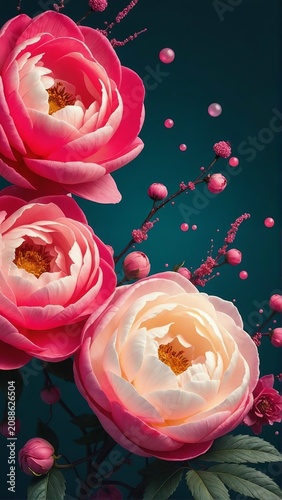 Elegant digital artwork featuring blooming pink and ivory peonies with delicate buds against a deep teal background.