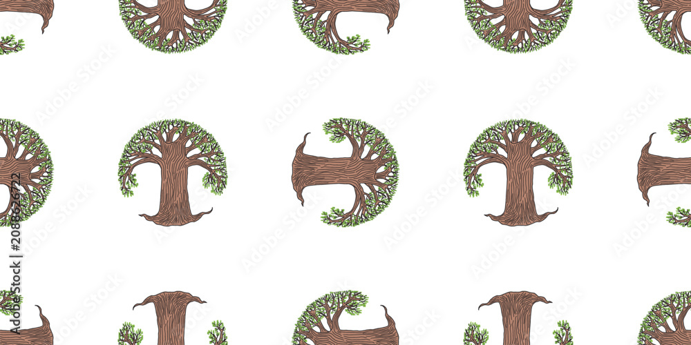 Naklejka premium Old tree with green leaves, seamless pattern, outline hand drawn vector background, wallpaper, paper, textile