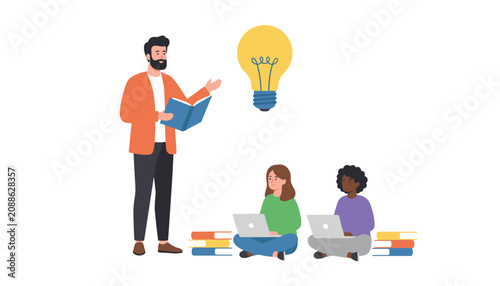 Teacher holding a book with two students using laptops on the floor under a yellow glowing lightbulb icon representing creative learning.