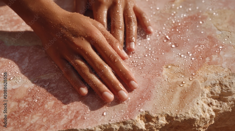 Fototapeta premium Water on travertine stone with hands gently touching wet pinkish-peach porous limestone surface, water droplets beading naturally, top-down view, natural lighting, high detail texture