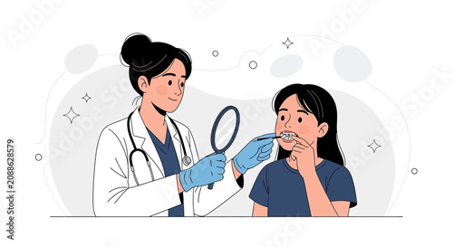 Dentist examining child's teeth with braces, vector illustration