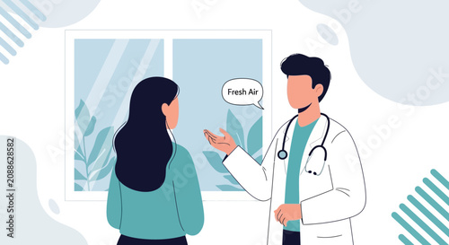 Doctor Advising Patient to Open Window for Fresh Air - Illustration of Health and Wellness