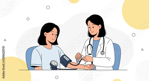 Doctor checking patient's blood pressure with sphygmomanometer, vector illustration of healthcare checkup and medical examination