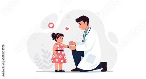 Doctor checks child's smartwatch, symbolizing healthcare innovation and pediatric care with a friendly, modern illustration style.