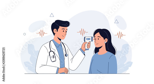 Doctor checks patient's temperature with infrared thermometer, healthcare concept vector illustration