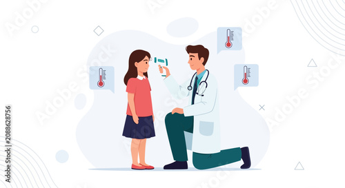 Doctor checks child's temperature with infrared thermometer, illustrating healthcare and illness prevention in a modern, flat vector style.