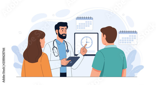 Doctor consultation with patients, discussing medical appointment and treatment plan on screen with calendar and clock.
